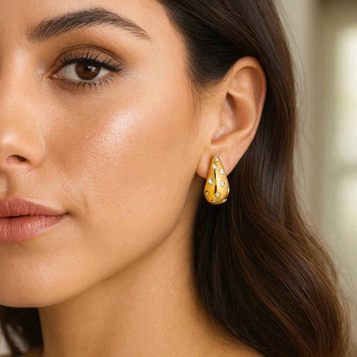 Sterling Silver Yellow Gold Plated Puffed Raindrop CZ Earrings, view 3