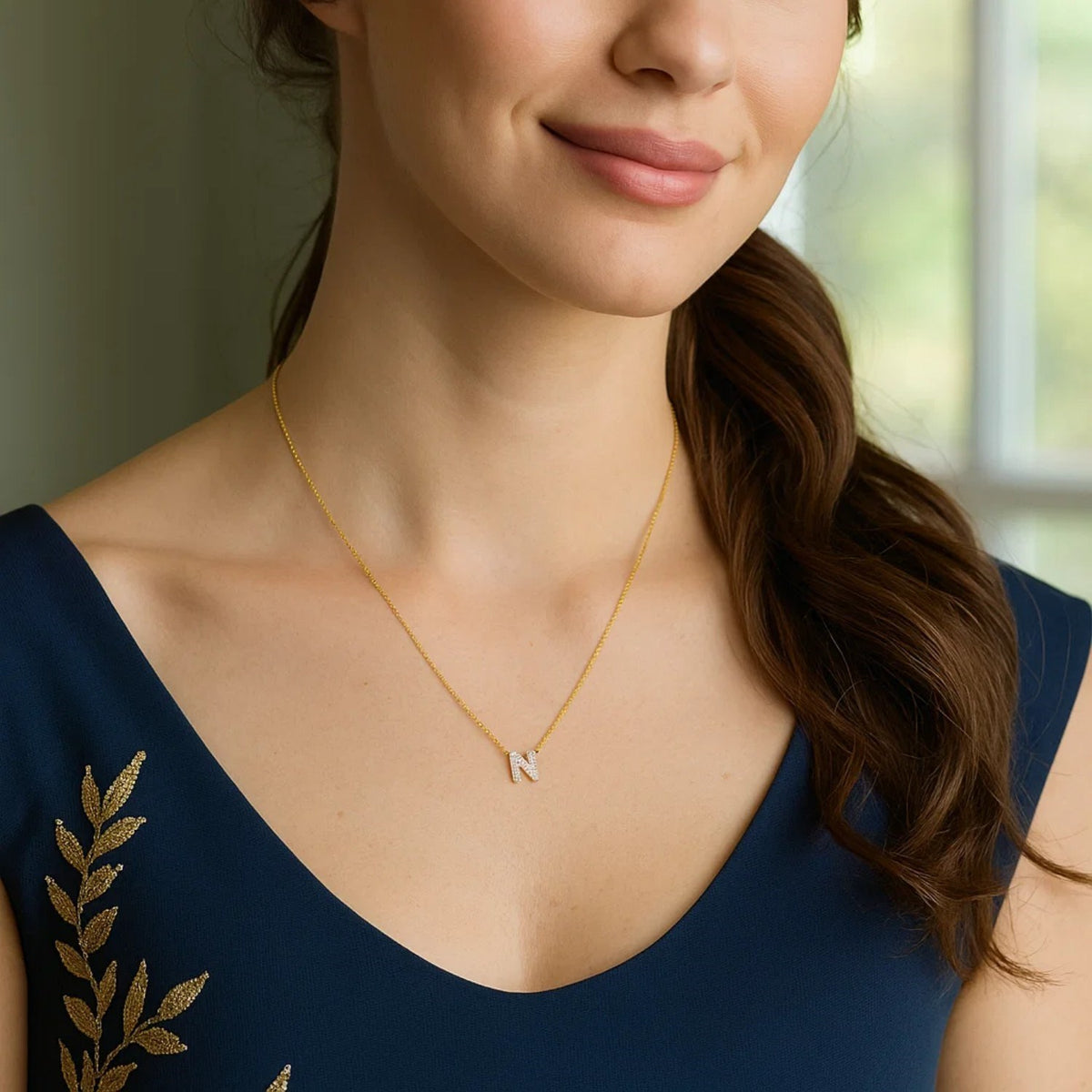 14K Yellow Gold Mini Diamond N Initial Pendant Necklace, view 5
