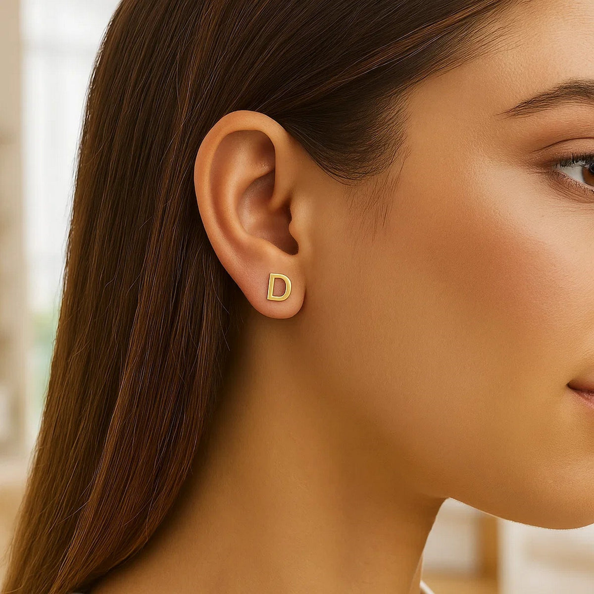14K Yellow Gold Yours Truly Initial D Stud Earring, view 3