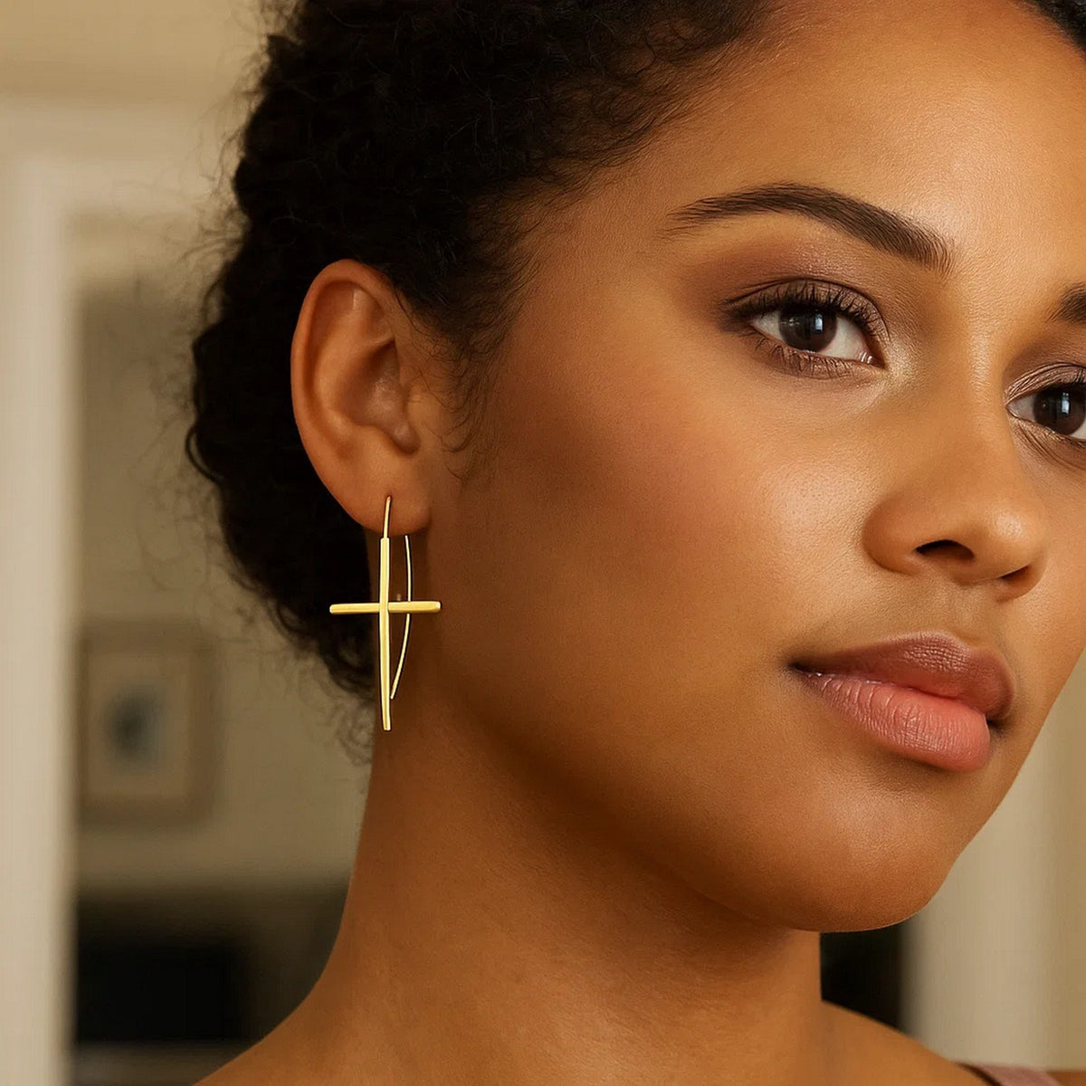 14K Yellow Gold Cross Thread Drop Earrings, view 4