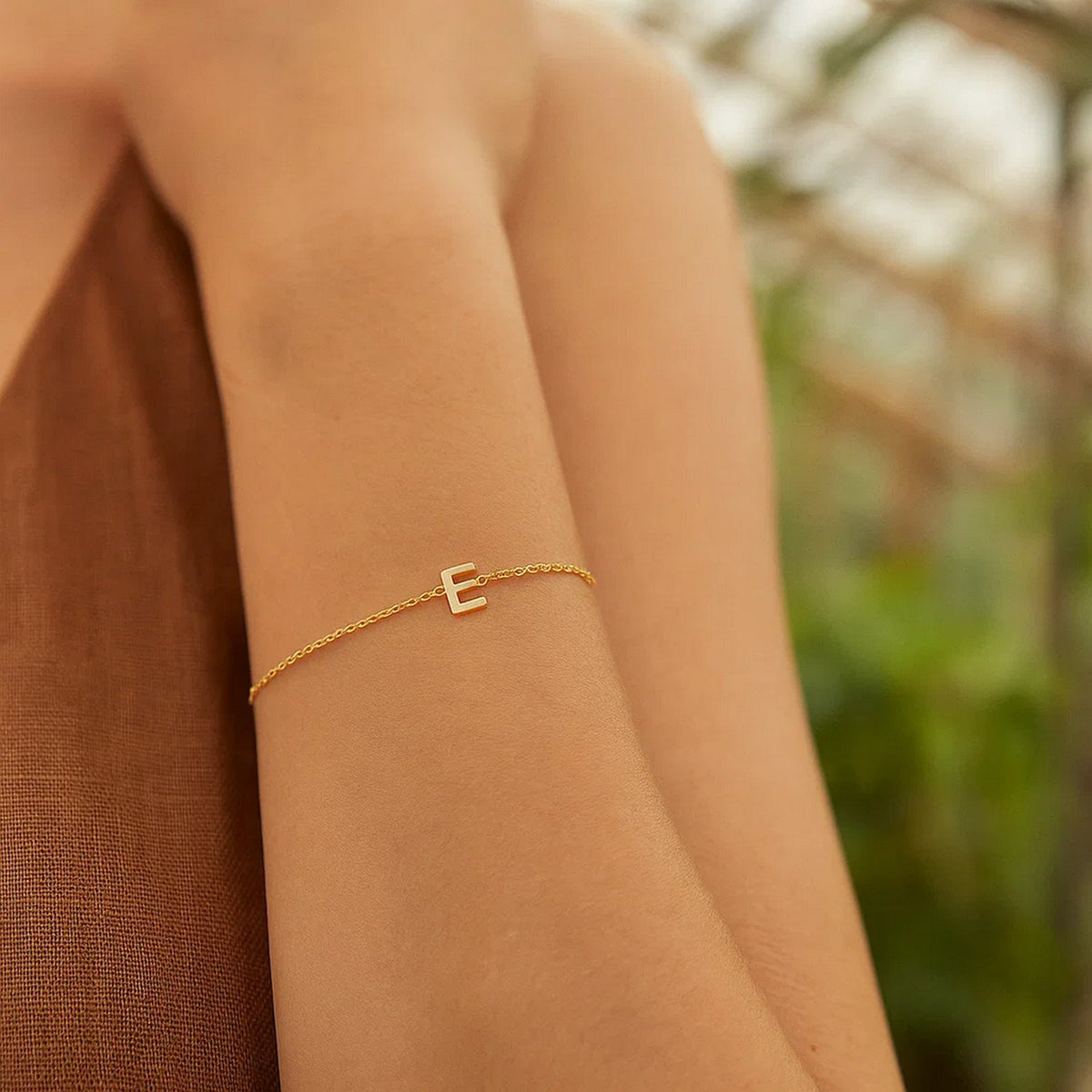 14K Yellow Gold Mini Initial E Bracelet, view 6