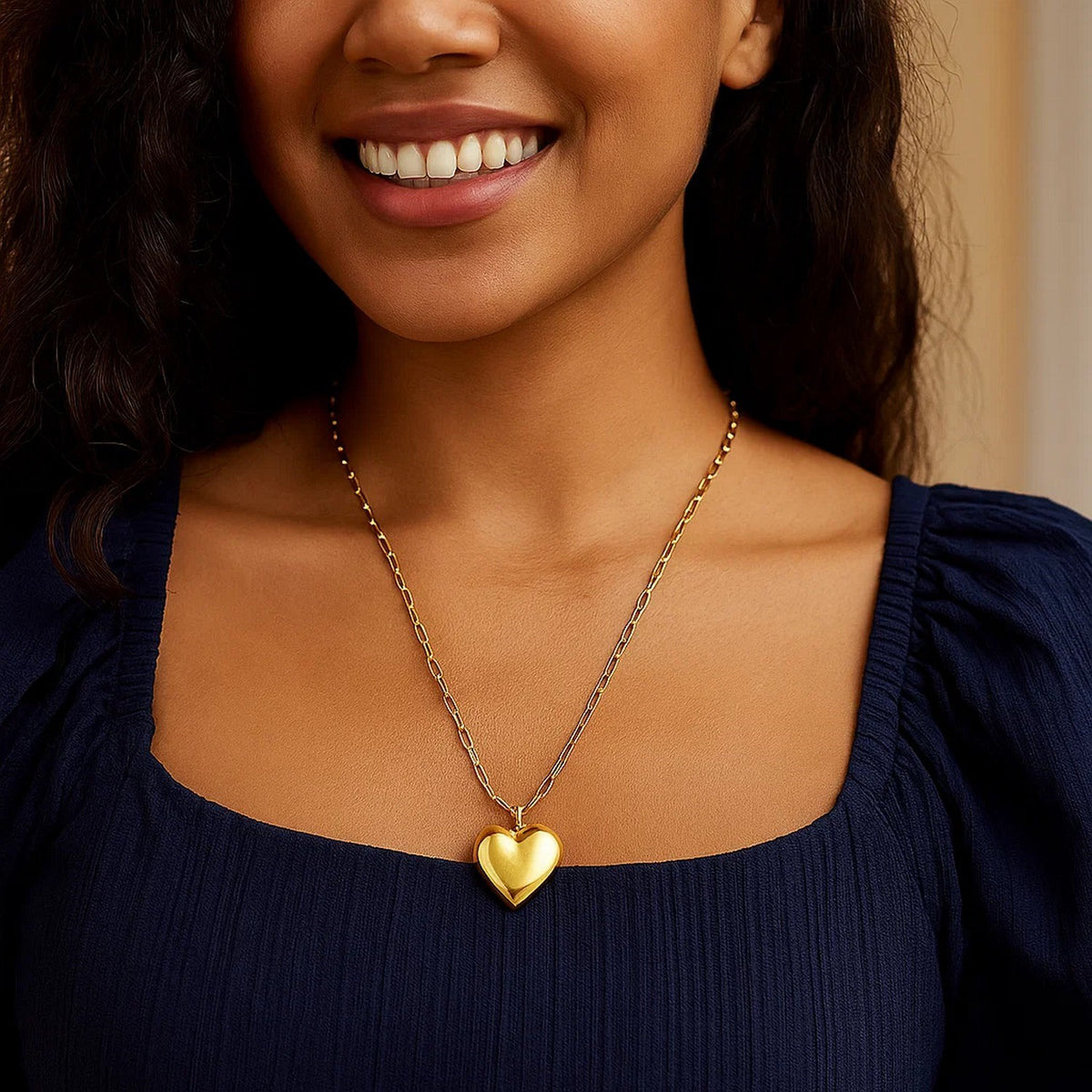 Sterling Silver Gold Plated Large Puffed Heart Long Necklace, view 5