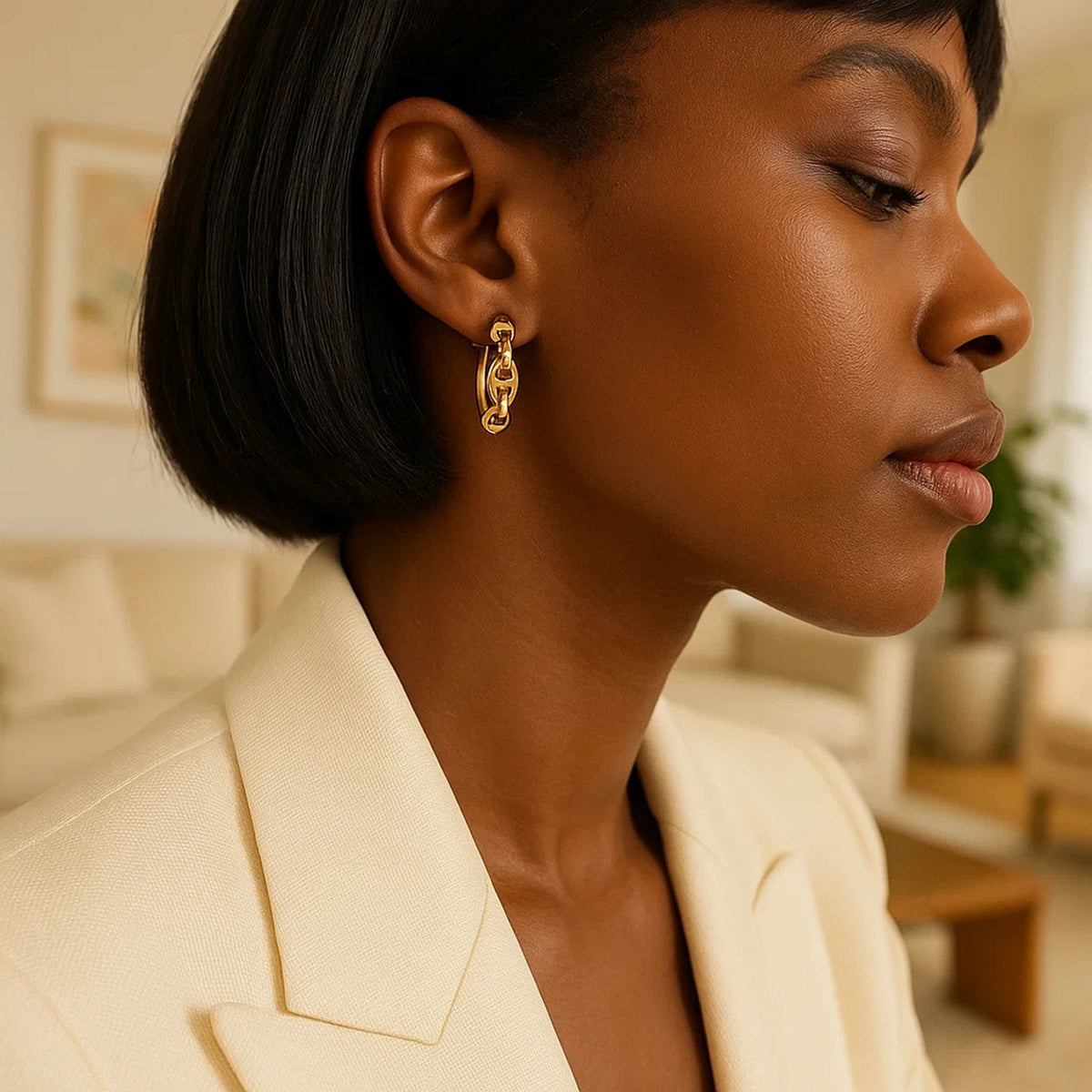14K Yellow Gold Oval Mariner Huggies, view 3