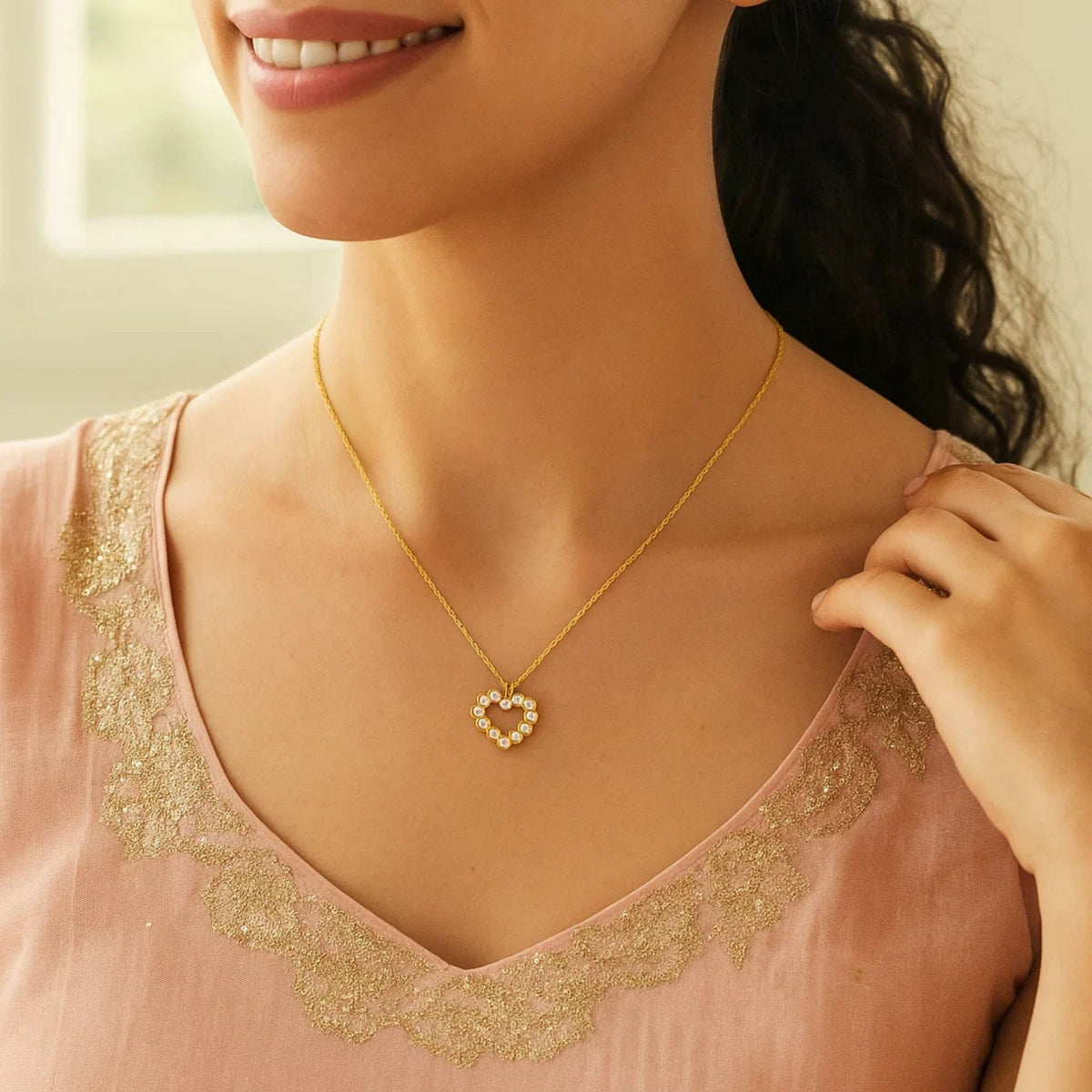 14K Yellow Gold Petite Diamond Heart Necklace, view 5