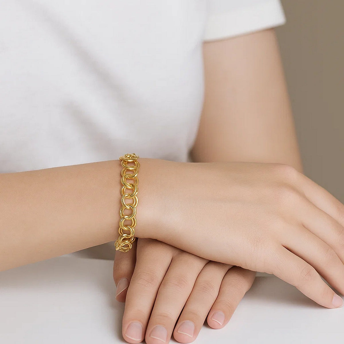 14K Yellow Gold Solid Double Link Charm Bracelet (6.00 mm), view 2