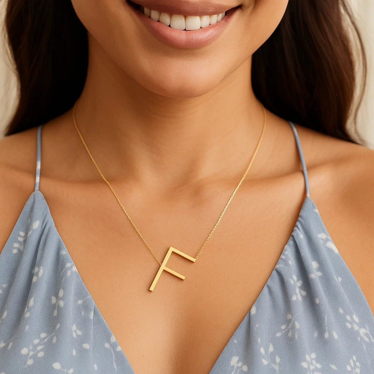 14K Yellow Gold Yours Truly Large Initial F Necklace, view 3
