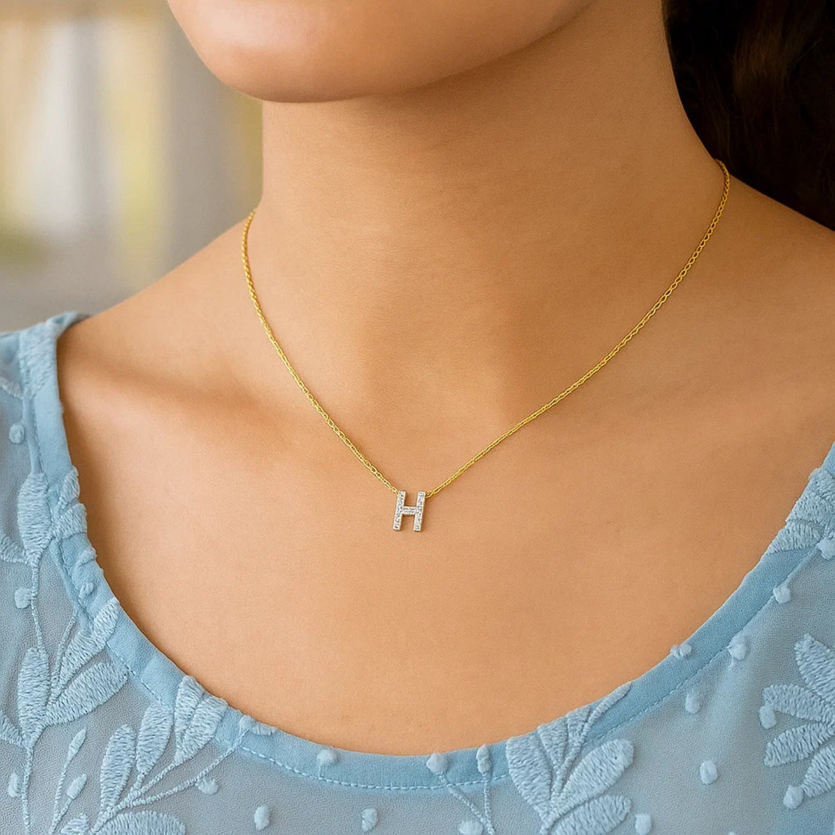 14K Yellow Gold Mini Diamond H Initial Pendant Necklace, view 4