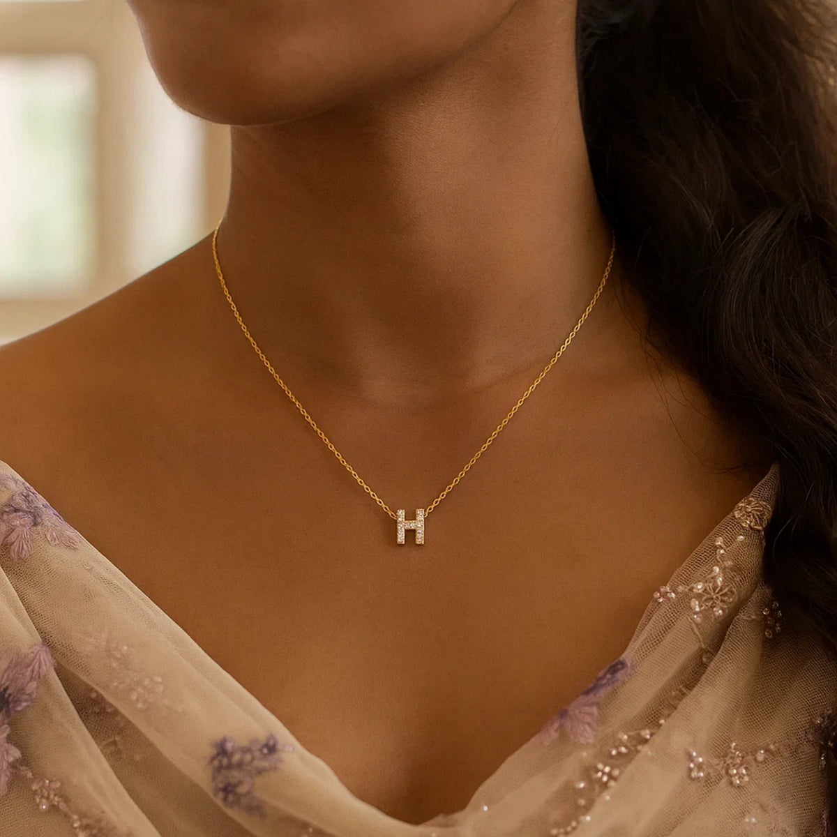 14K Yellow Gold Mini Diamond H Initial Pendant Necklace, view 5