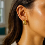 14K Yellow Gold Puffed Double Row C Hoop Earrings, view 2