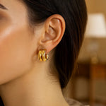 14K Yellow Gold Puffed Double Row C Hoop Earrings, view 3
