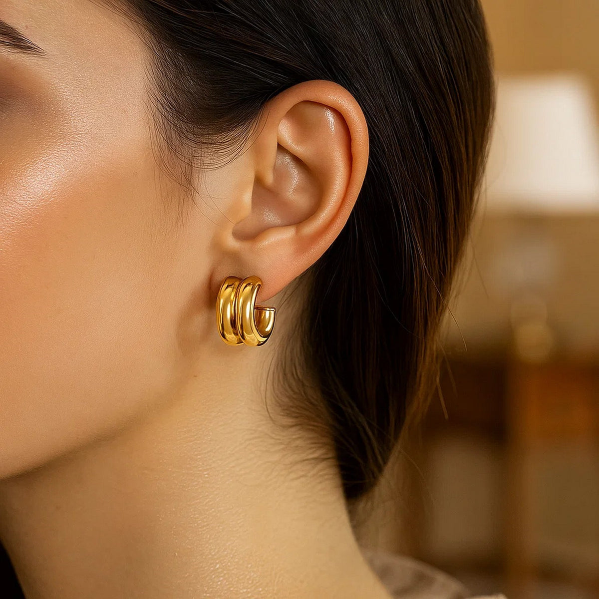 14K Yellow Gold Puffed Double Row C Hoop Earrings, view 3