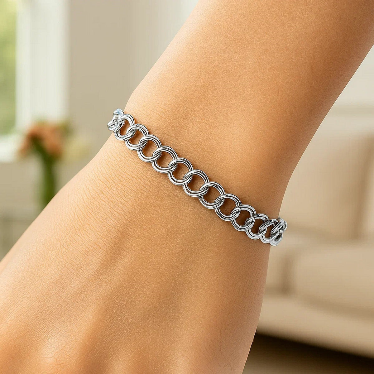 14K White Gold Solid Double Link Charm Bracelet (5.00 mm), view 2