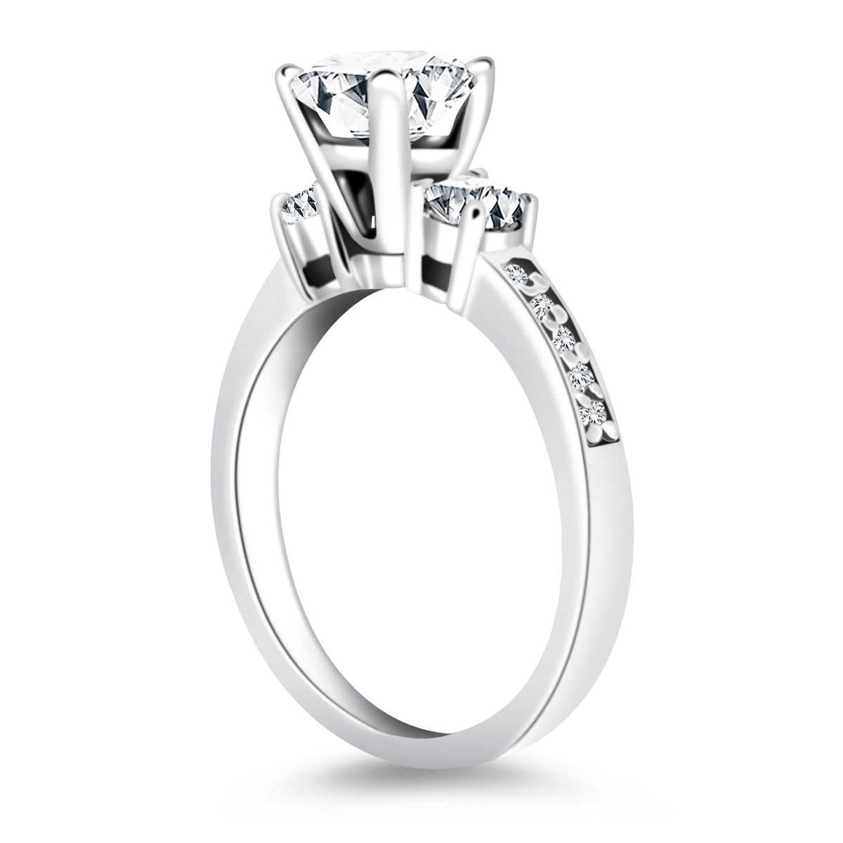 14K White Gold Three Stone Engagement Ring with Diamond Band, view 2
