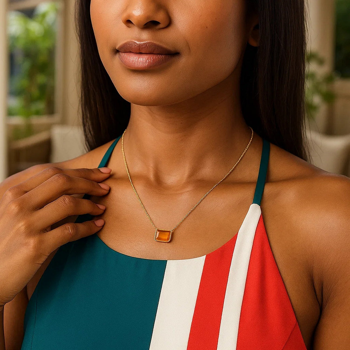 14K Yellow Gold Emerald Cut Citrine Necklace, view 5