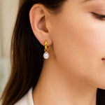 14K Yellow Gold Small Hoop Earrings with Pearls, view 3