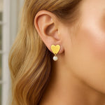 Heart and Pearl Drop Stud Earrings in 14K Yellow Gold, view 2