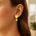 Heart and Pearl Drop Stud Earrings in 14K Yellow Gold, view 3