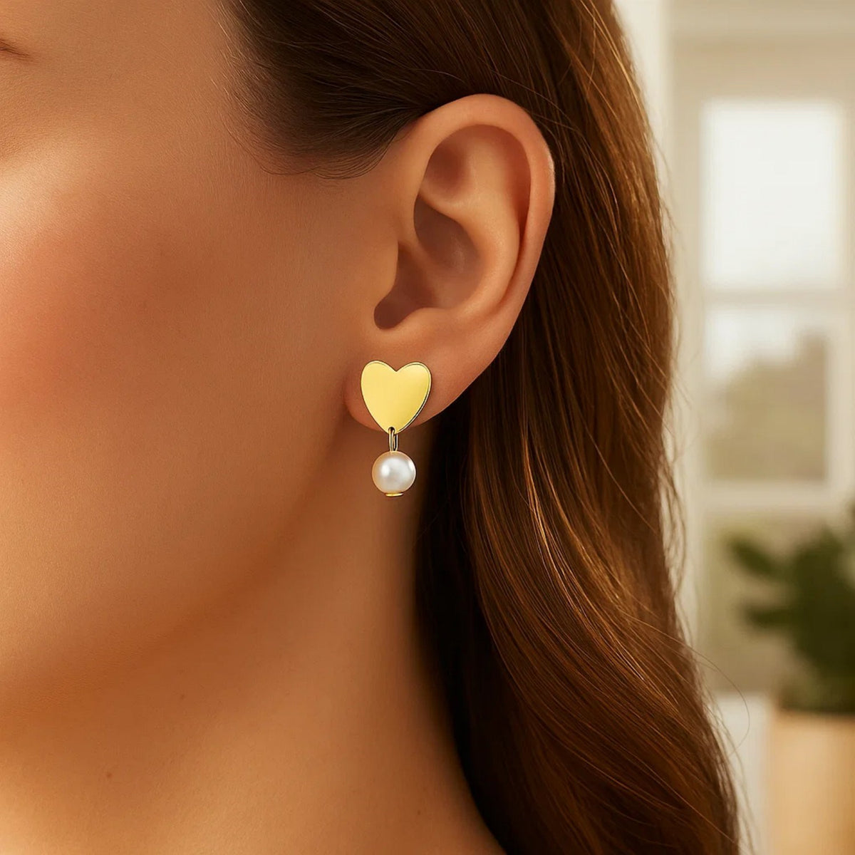Heart and Pearl Drop Stud Earrings in 14K Yellow Gold, view 3