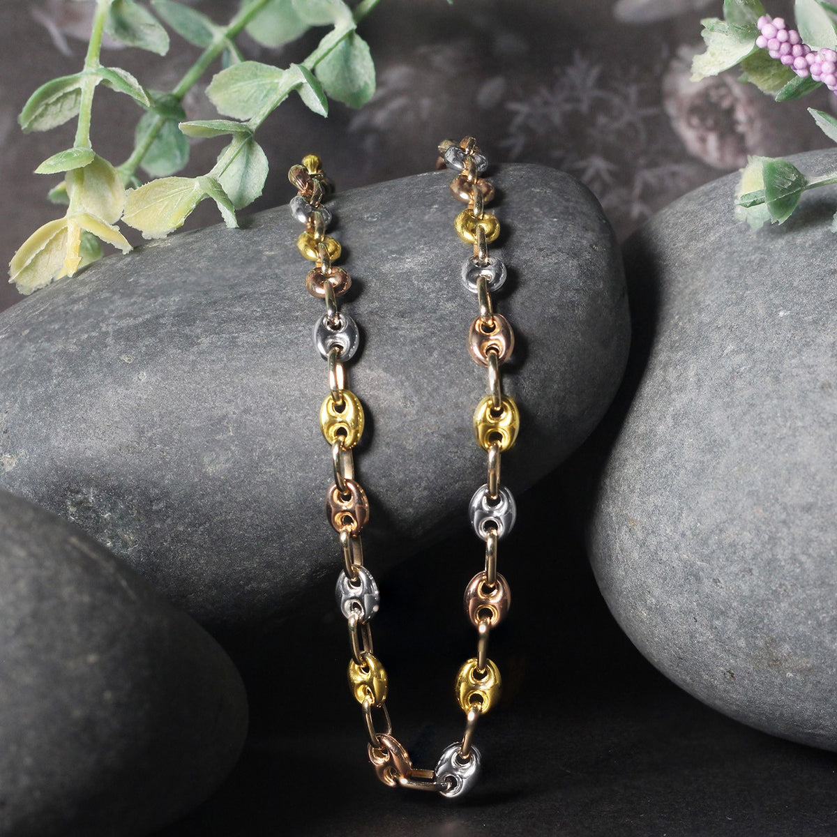 14k Tri Color Gold High Polish Puffed Mariner Link Chain (4.90 mm), view 2
