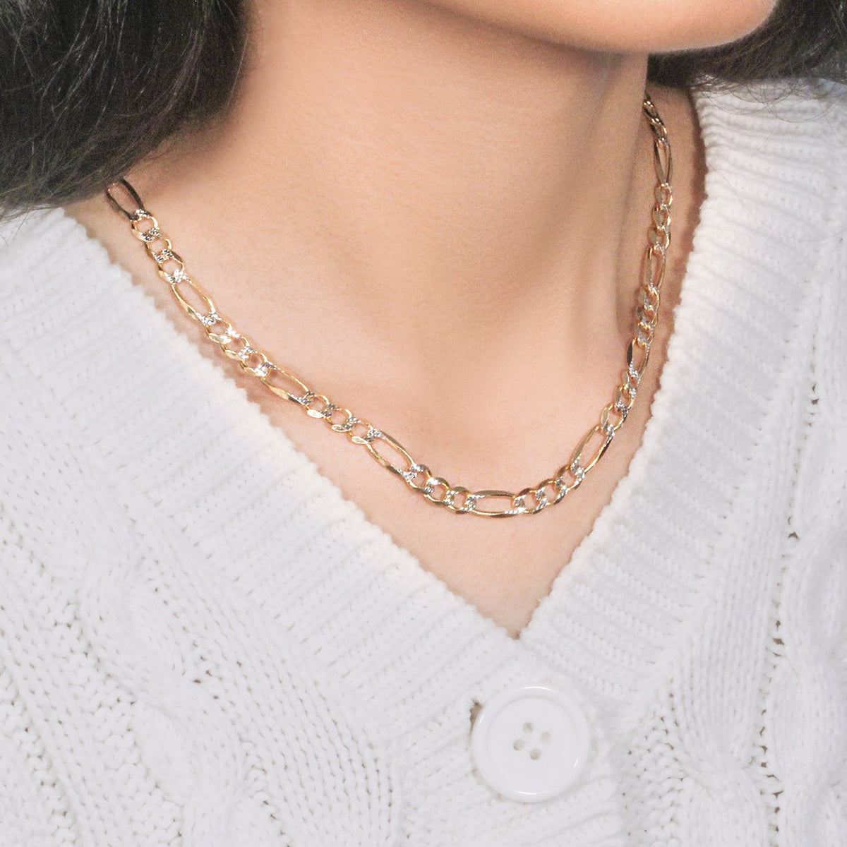 14K Two tone Gold Solid Pave Figaro Chain (5.90 mm), view 9
