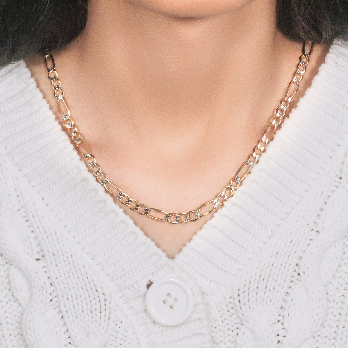 14K Two tone Gold Solid Pave Figaro Chain (5.90 mm), view 8