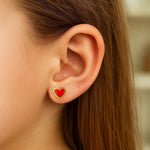 14K Yellow Gold and Enamel Red Heart Stud Earrings, view 4