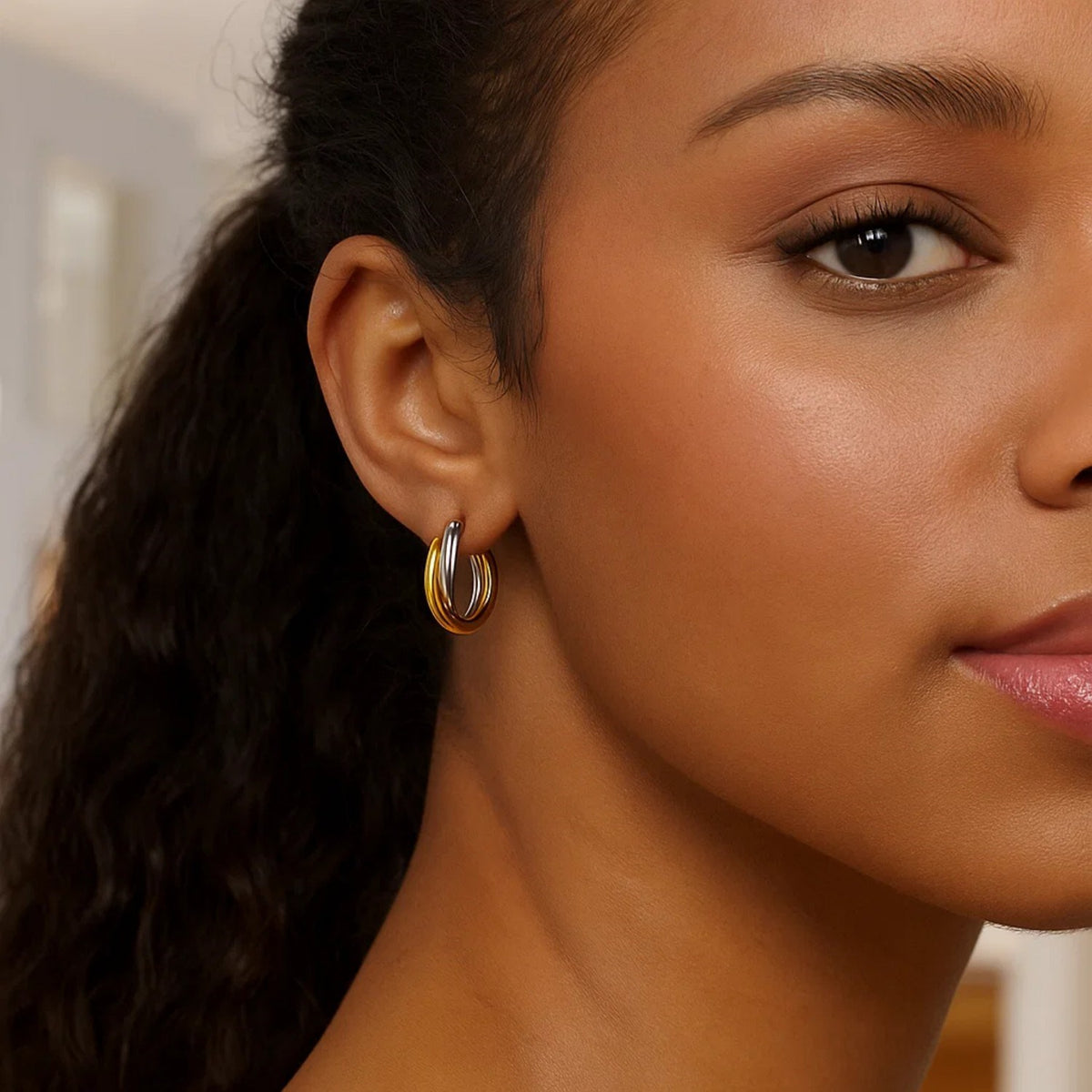 14K Two Tone Gold Double Row Hoop Earrings, view 2