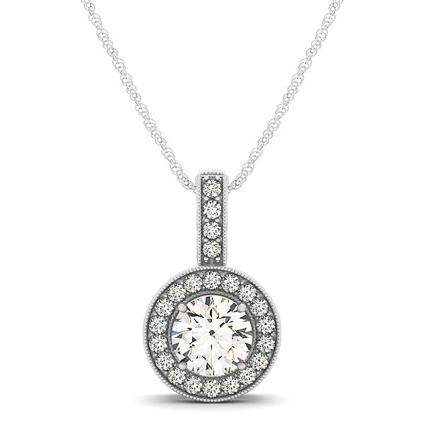Milgrain Edge Diamond Halo Pendant in 14K White Gold (5/8 cttw)