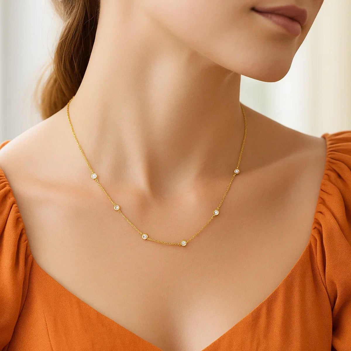 14K Yellow Gold Station Necklace with Round Diamonds, view 3