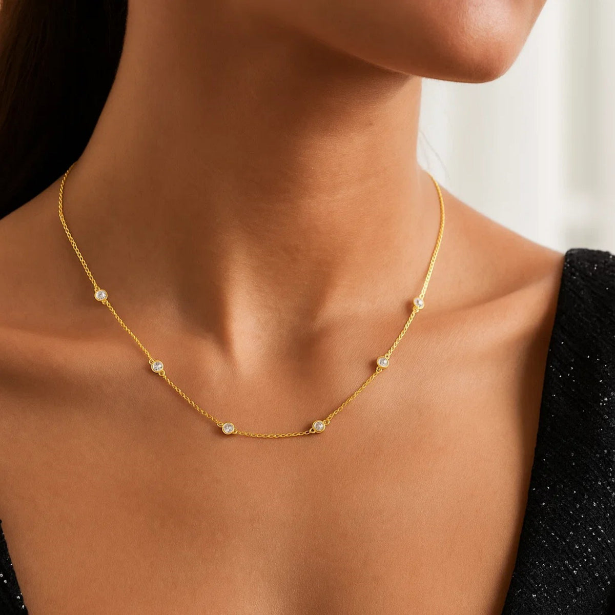 14K Yellow Gold Station Necklace with Round Diamonds, view 4