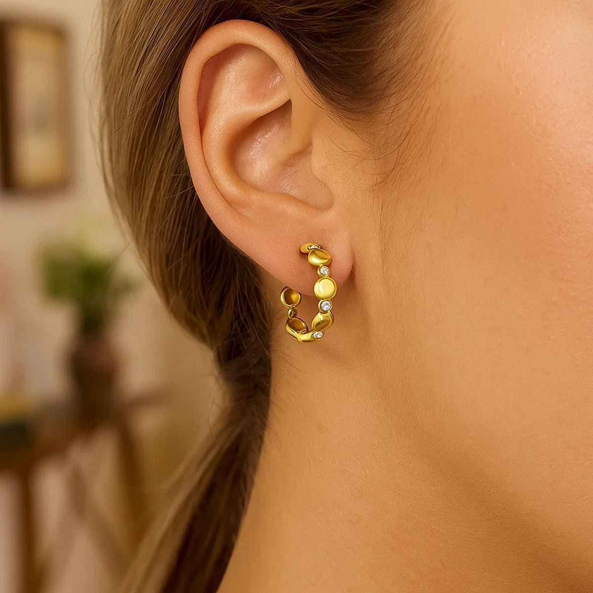 Yellow Gold Diamond Bauble Hoop Earrings (0.08cttw), view 2