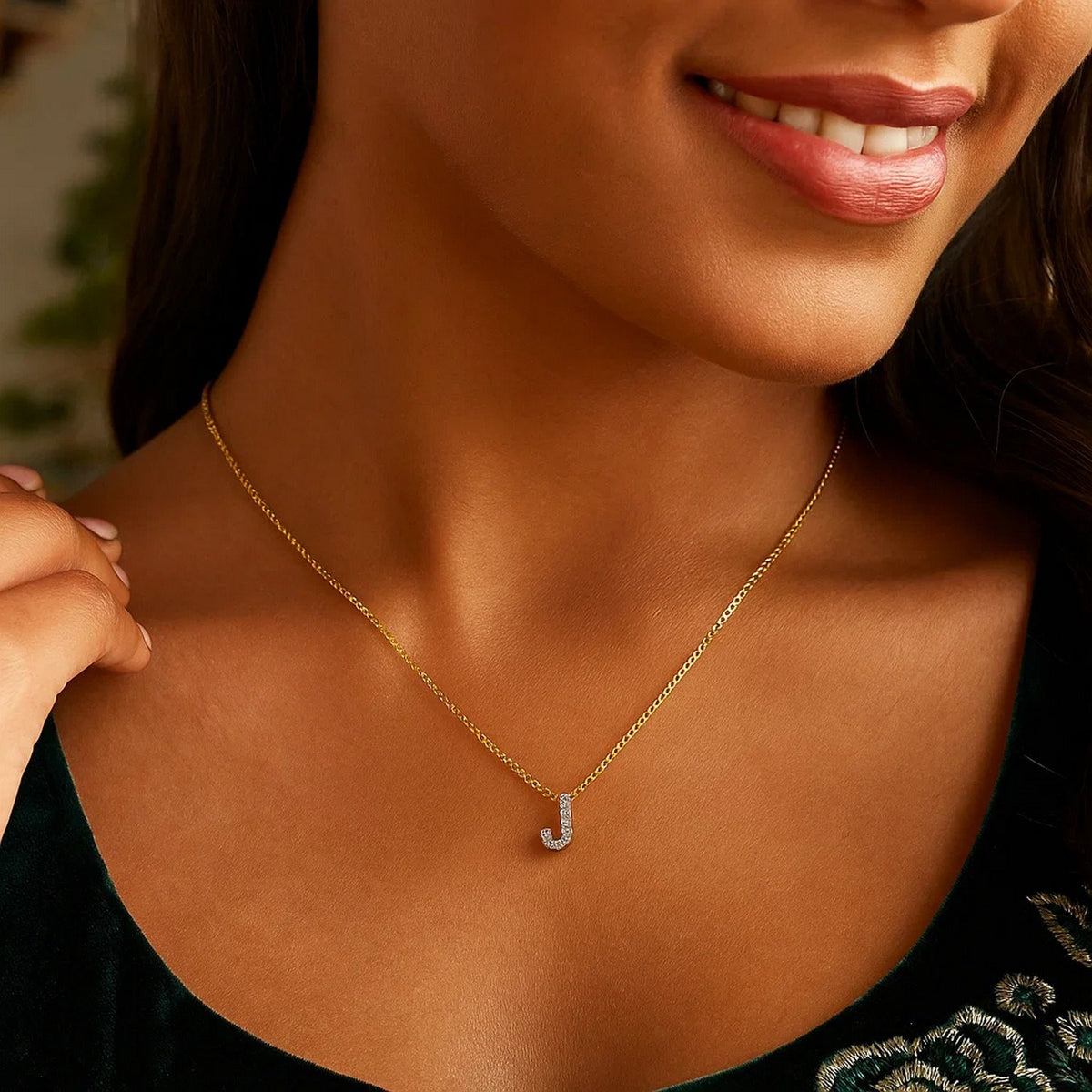 14K Yellow Gold Mini Diamond J Initial Pendant Necklace, view 4
