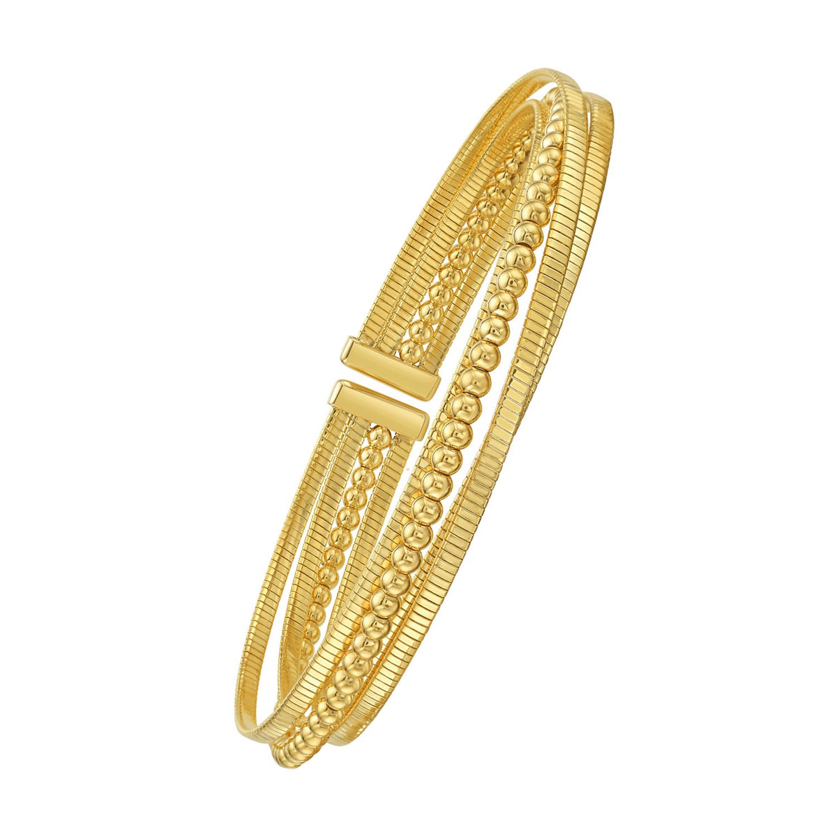 14K Yellow Gold Polished Omega And Beaded Layered Cuff (7.80 mm), view 2