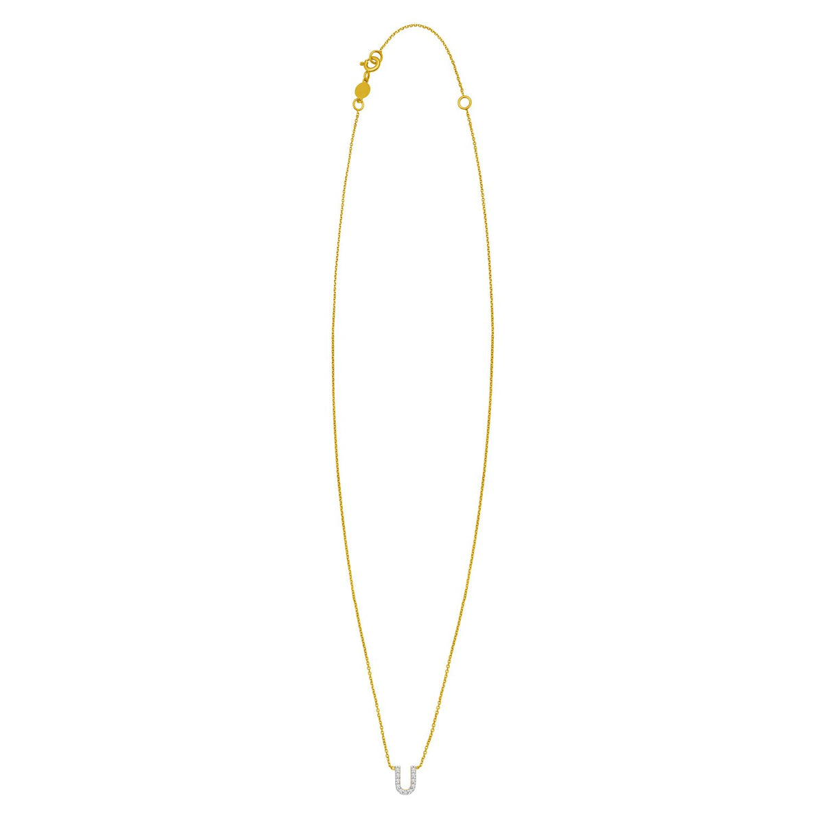 14K Yellow Gold Mini Diamond U Initial Pendant Necklace, view 2