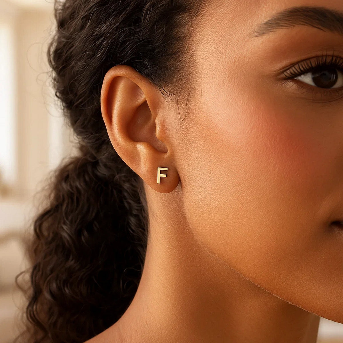 14K Yellow Gold Yours Truly Initial F Stud Earrings, view 2