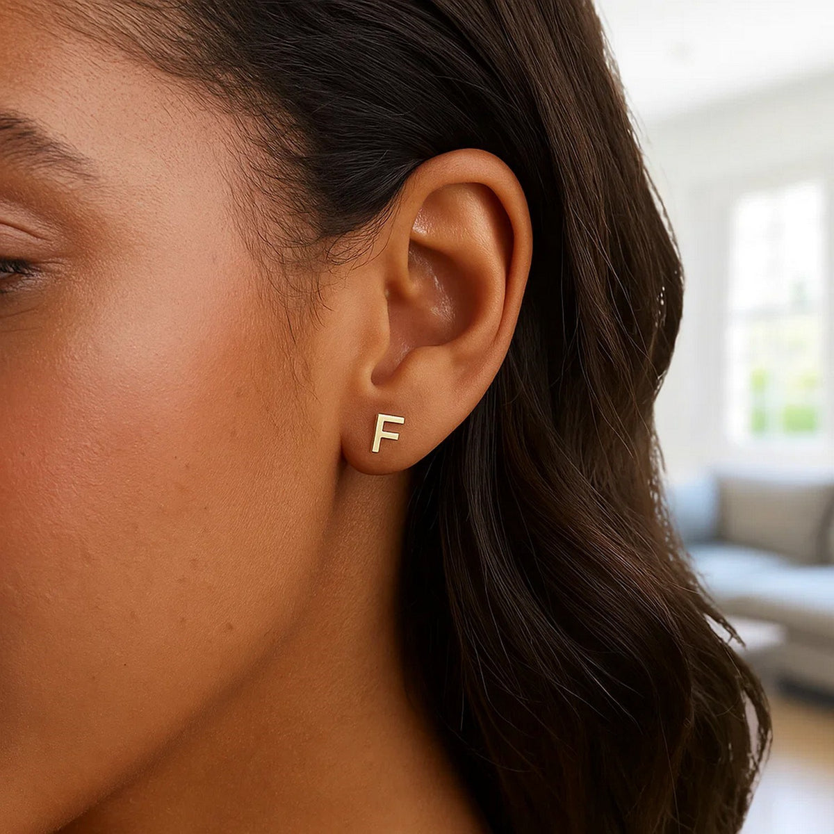 14K Yellow Gold Yours Truly Initial F Stud Earrings, view 3