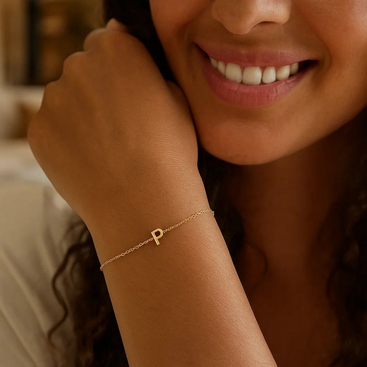 14K Yellow Gold Mini Initial P Bracelet, view 5