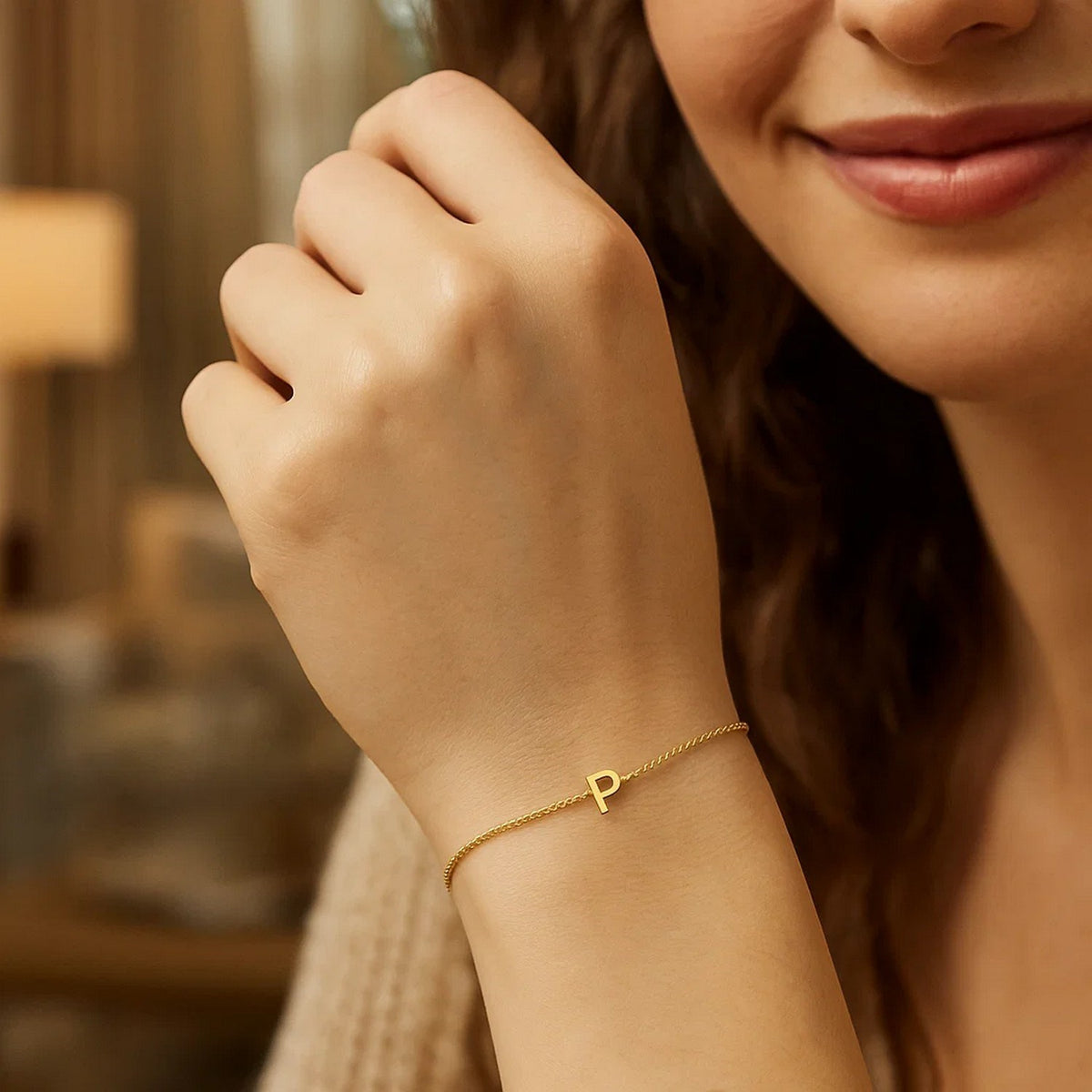 14K Yellow Gold Mini Initial P Bracelet, view 6