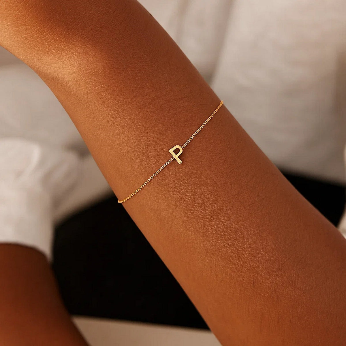 14K Yellow Gold Mini Initial P Bracelet, view 8