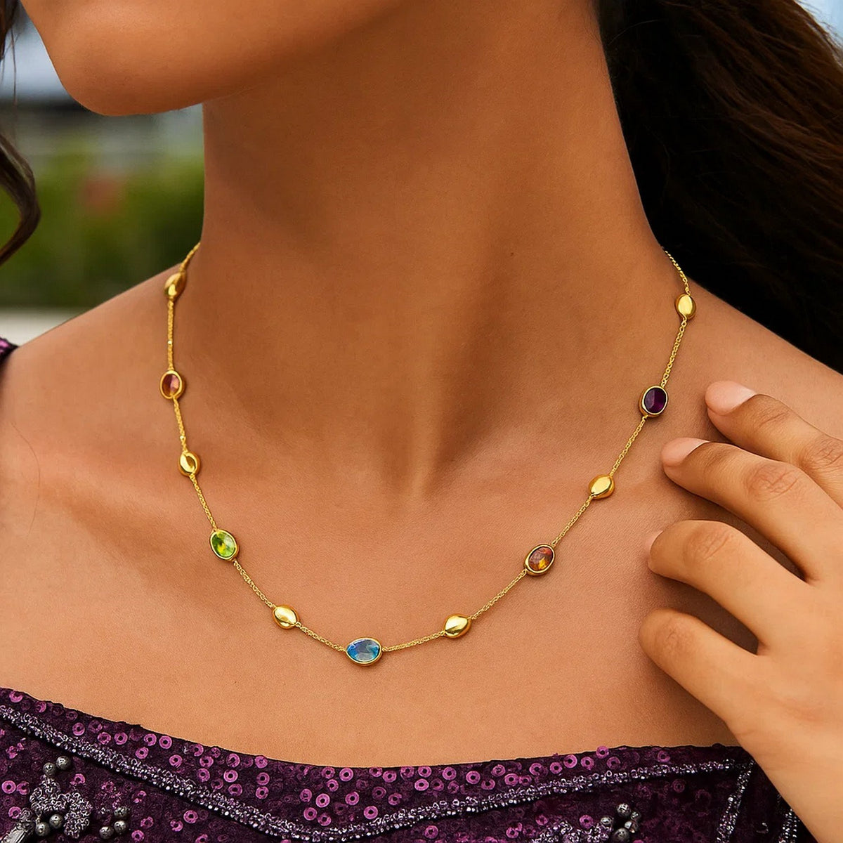 14K Yellow Gold Oval Gemstone and Bead Necklace, view 5