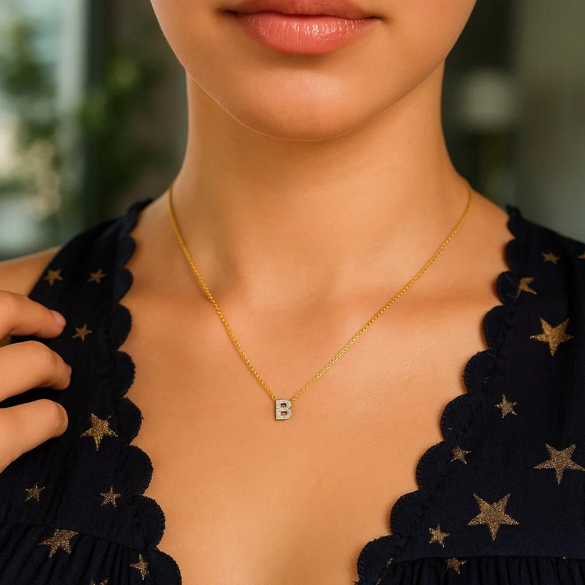 14K Yellow Gold Mini Diamond B Initial Pendant Necklace, view 5