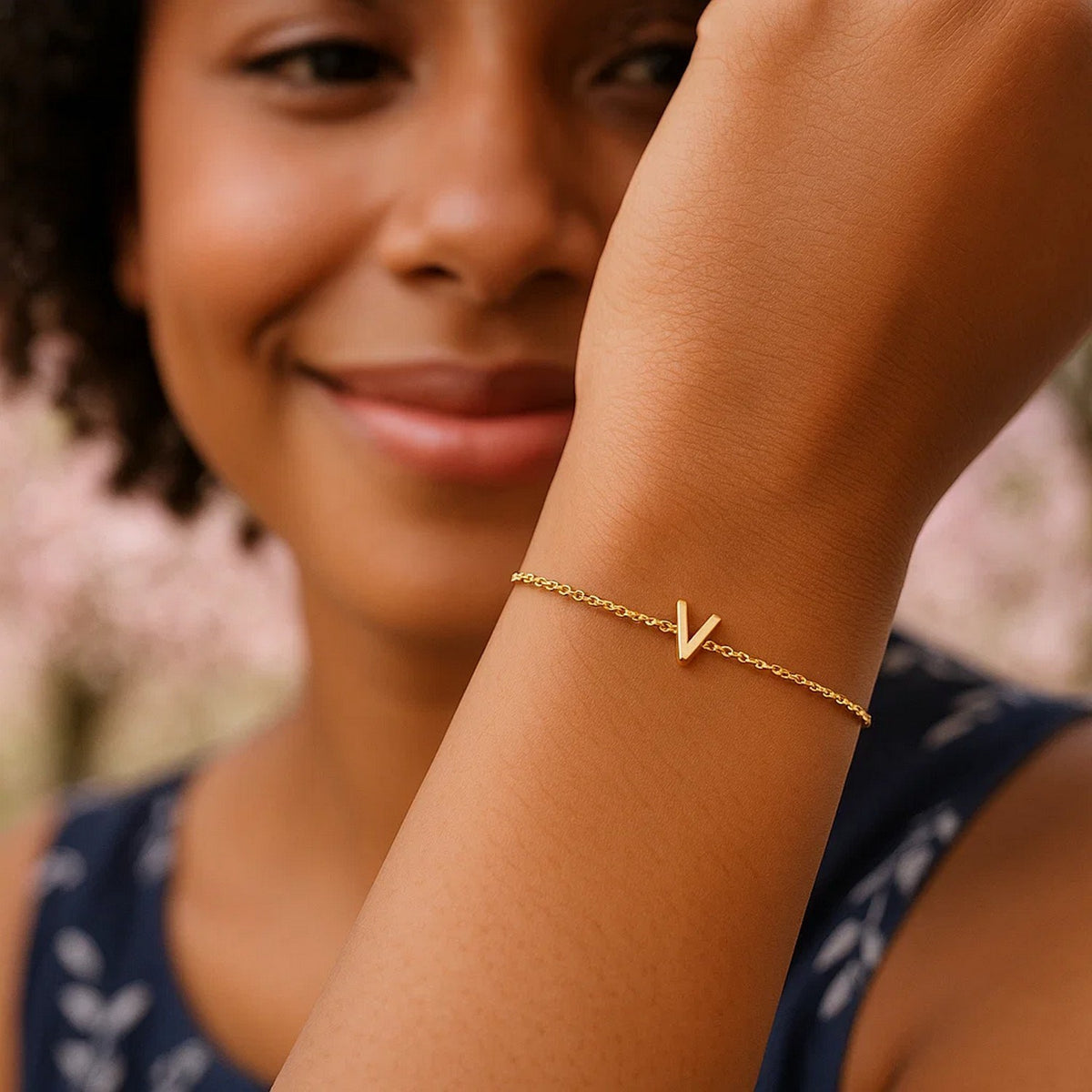 14K Yellow Gold Mini Initial V Bracelet, view 4