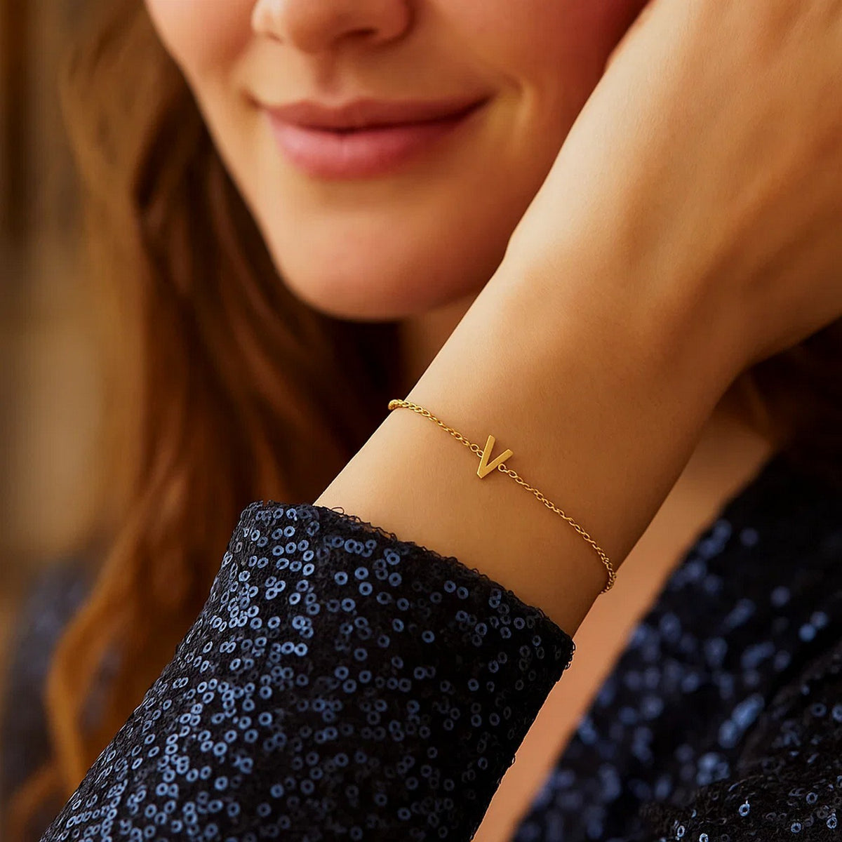 14K Yellow Gold Mini Initial V Bracelet, view 5