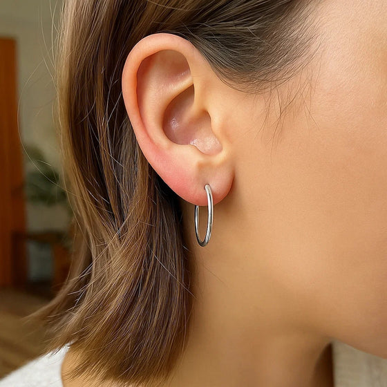 Sterling Silver Rhodium Plated Thin and Polished Hoop Motif Earrings (2x25mm)