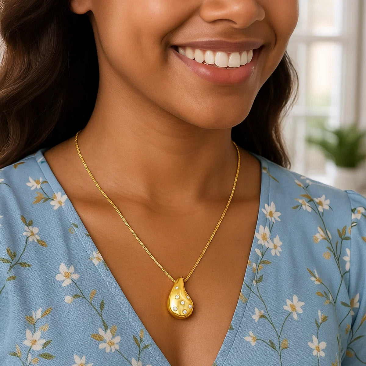 Sterling Silver Gold Plated Puffed Raindrop CZ Necklace, view 3