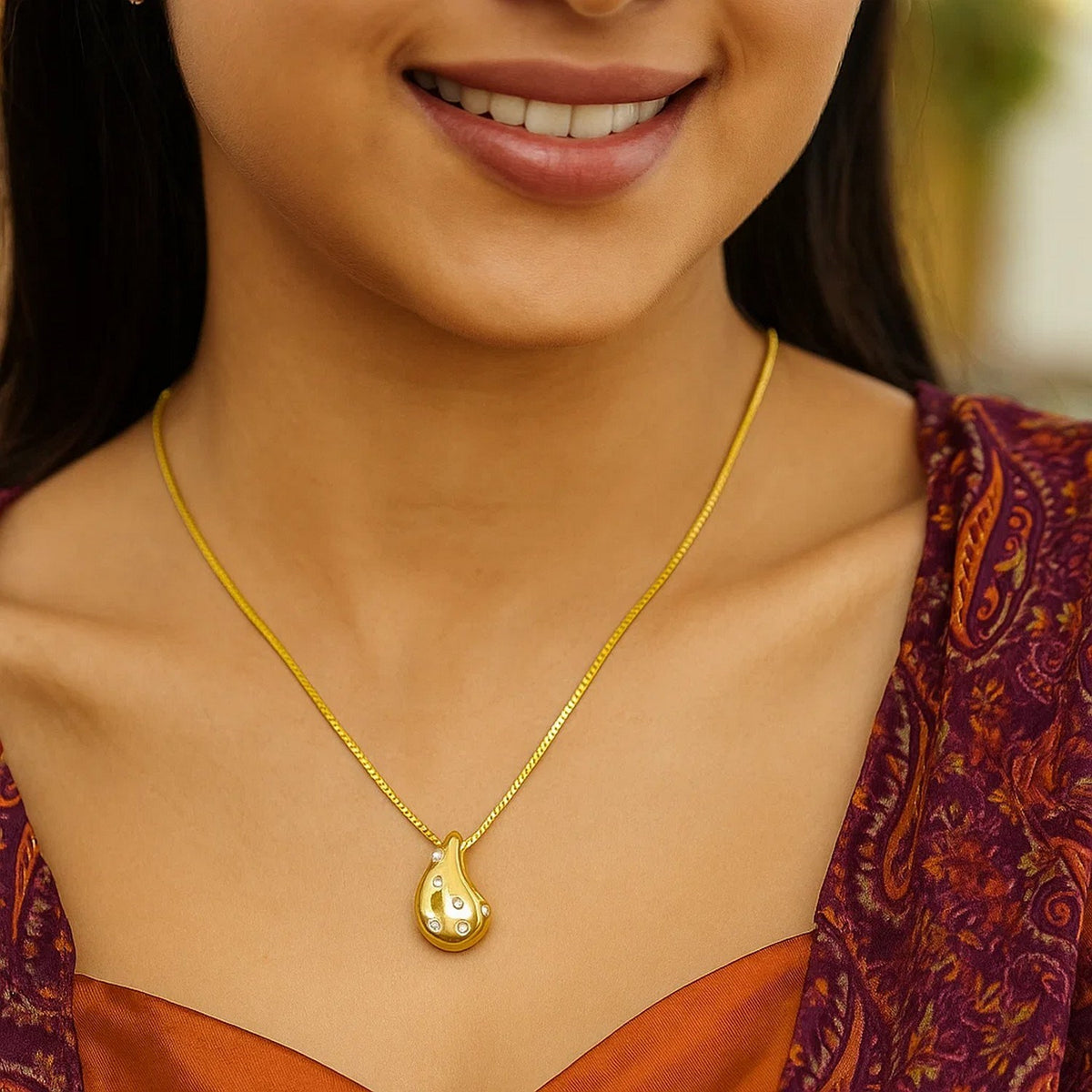 Sterling Silver Gold Plated Puffed Raindrop CZ Necklace, view 4