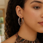 Sterling Silver Rhodium Plated Multi Row Bamboo Hoop Earrings, view 2