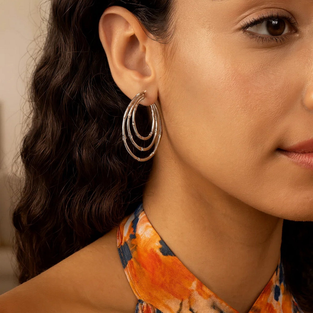 Sterling Silver Rhodium Plated Multi Row Bamboo Hoop Earrings, view 3