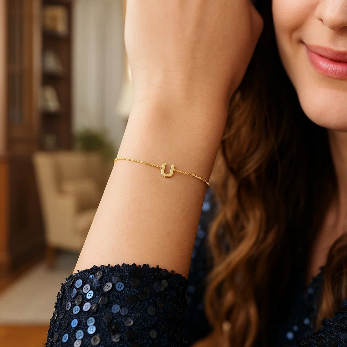 14K Yellow Gold Mini Initial U Bracelet, view 4