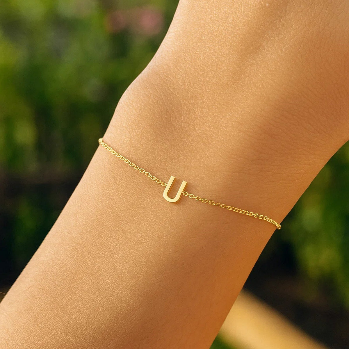 14K Yellow Gold Mini Initial U Bracelet, view 6